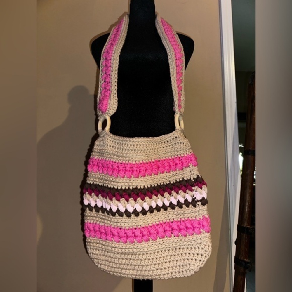 NWT Handcrafted Pink and Tan Crochet Crossbody Bag